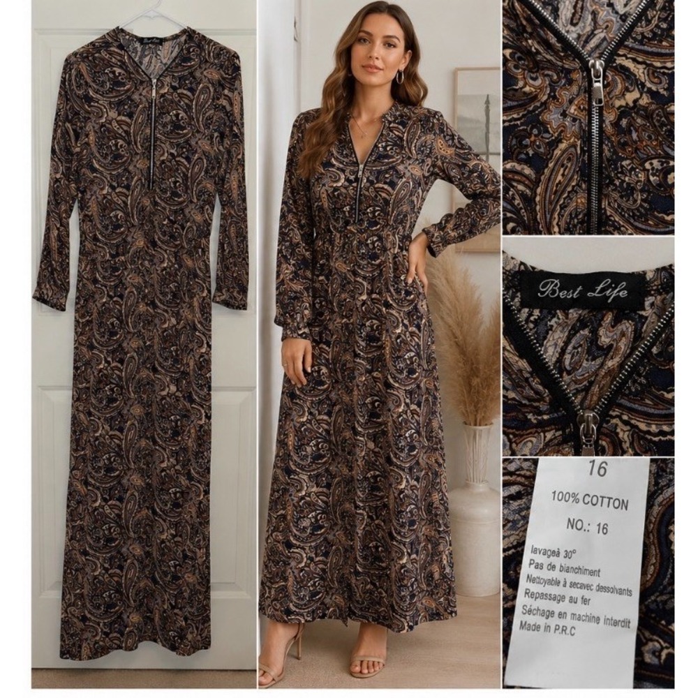 Womens Paisley Maxi Dress Size 16 Blue Brown Zip Front Long Sleeve Best Life